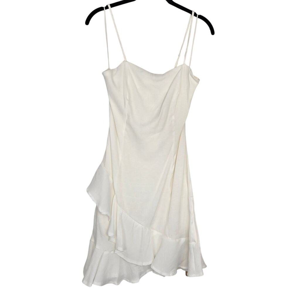 White Ruffle Hem Spaghetti Strap Cottagecore Mini Tiered Cotton Blend Dress L